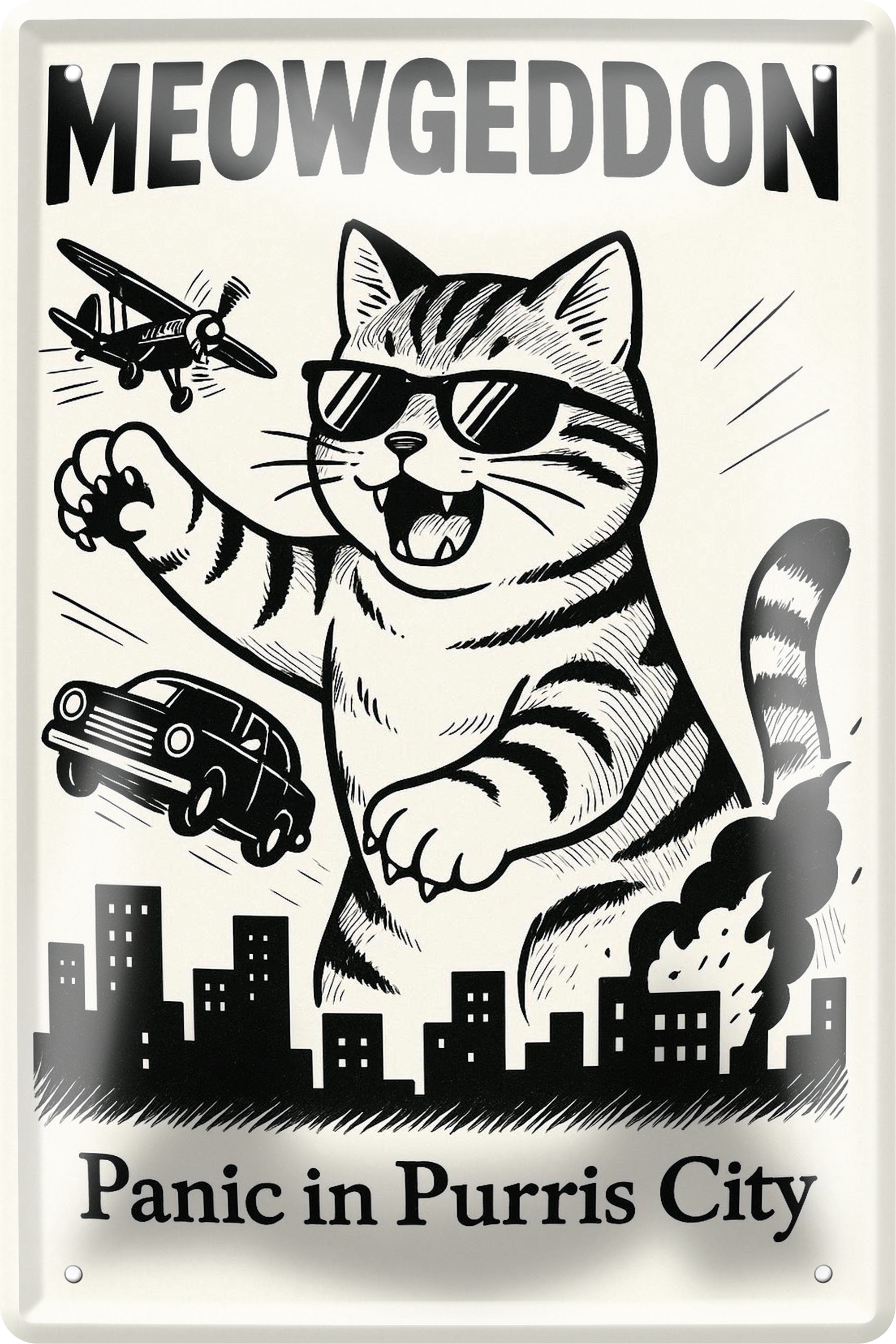4252024256390		 ''Meowgeddon. Panic in Purris City''
Schilderstore24 Blechschilder sind perfekt als Geschenk zu Weihnachten, Geburtstage, Feiern, Partys, Grillabende, Namenstag, Feiertag, Mädelsabend, Hochzeit Wohnzimmer, Partykeller, Garage, welpe, dogge, kater, kätzchen Haustier Tier Freund knuddelig Zuhause Katze Hund Hamster Meerschwein haustiere