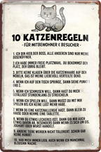 4252024256376		 ''10 Katzenregeln für Mitbewohner''
Schilderstore24 Blechschilder sind perfekt als Geschenk zu Weihnachten, Geburtstage, Feiern, Partys, Grillabende, Namenstag, Feiertag, Mädelsabend, Hochzeit Wohnzimmer, Partykeller, Garage, welpe, dogge, kater, kätzchen Haustier Tier Freund knuddelig Zuhause Katze Hund Hamster Meerschwein haustiere