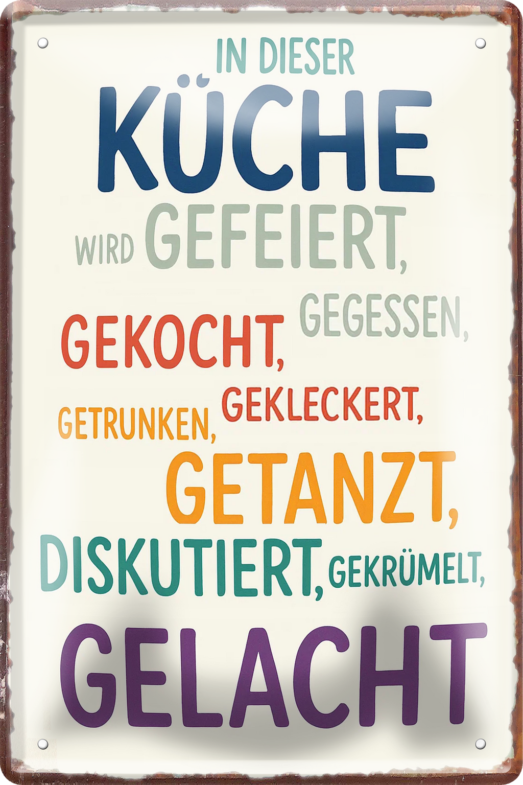 4252024256369		 ''In dieser Küche wird gefeiert, gelacht''
Schilderstore24 Blechschilder sind perfekt als Geschenk zu Weihnachten, Geburtstage, Feiern, Partys, Grillabende, Namenstag, Feiertag, Hochzeit. Jederzeit stilvoll im Wohnzimmer, Partykeller, Garage, Praxis, Büro, Café, zitate Küche Haushalt Willkommen Eigenheim heim essen haus kochen herzlich Zuhause putzen