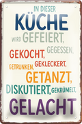 4252024256369		 ''In dieser Küche wird gefeiert, gelacht''
Schilderstore24 Blechschilder sind perfekt als Geschenk zu Weihnachten, Geburtstage, Feiern, Partys, Grillabende, Namenstag, Feiertag, Hochzeit. Jederzeit stilvoll im Wohnzimmer, Partykeller, Garage, Praxis, Büro, Café, zitate Küche Haushalt Willkommen Eigenheim heim essen haus kochen herzlich Zuhause putzen