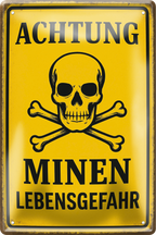 4252024256130		 ''Achtung Minen Lebensgefahr''
Schilderstore24 Blechschilder sind perfekt als Geschenk zu Weihnachten, Geburtstage, Feiern, Partys, Grillabende, Namenstag, Feiertag, Mädelsabend, Hochzeit. Jederzeit stilvoll im Wohnzimmer, Partykeller, Garage, Praxis, Büro, Zitate, lebensgefahr Sarkasmus Ironie Funny Schwarzer Humor faul dumm fun rente lästern teufel