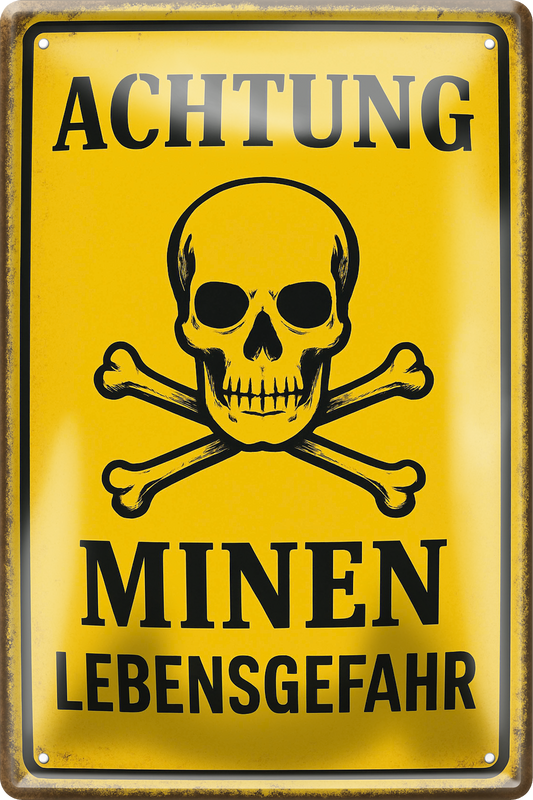 4252024256130		 ''Achtung Minen Lebensgefahr''
Schilderstore24 Blechschilder sind perfekt als Geschenk zu Weihnachten, Geburtstage, Feiern, Partys, Grillabende, Namenstag, Feiertag, Mädelsabend, Hochzeit. Jederzeit stilvoll im Wohnzimmer, Partykeller, Garage, Praxis, Büro, Zitate, lebensgefahr Sarkasmus Ironie Funny Schwarzer Humor faul dumm fun rente lästern teufel