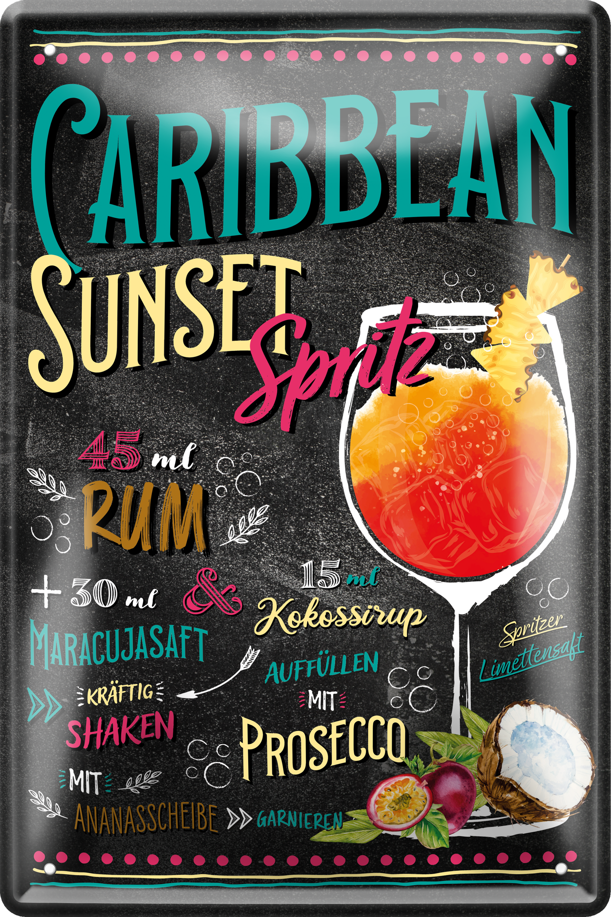 4252024256185		 ''Caribbean Sunset Spritz''
Schilderstore24 Blechschilder sind perfekt als Geschenk zu Weihnachten, Geburtstage, Feiern, Partys, Grillabende, Namenstag, Feiertag, Mädelsabend, Hochzeit. Jederzeit stilvoll im Wohnzimmer, Partykeller, Garage, Praxis, cocktailsrezept mischgetränk Alkohol Cocktail Likör Sekt Getränk Alkohol promille schnaps saufen longdrink