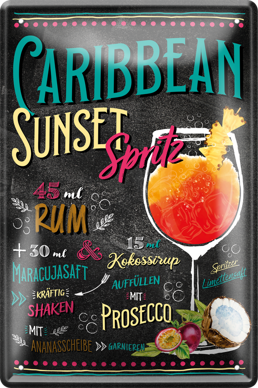 4252024256185		 ''Caribbean Sunset Spritz''
Schilderstore24 Blechschilder sind perfekt als Geschenk zu Weihnachten, Geburtstage, Feiern, Partys, Grillabende, Namenstag, Feiertag, Mädelsabend, Hochzeit. Jederzeit stilvoll im Wohnzimmer, Partykeller, Garage, Praxis, cocktailsrezept mischgetränk Alkohol Cocktail Likör Sekt Getränk Alkohol promille schnaps saufen longdrink