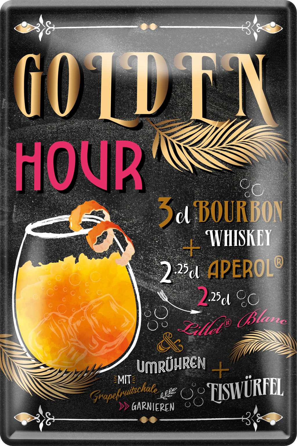 4252024256192		 ''Golden Hour''
Schilderstore24 Blechschilder sind perfekt als Geschenk zu Weihnachten, Geburtstage, Feiern, Partys, Grillabende, Namenstag, Feiertag, Mädelsabend, Hochzeit. Jederzeit stilvoll im Wohnzimmer, Partykeller, Garage, Praxis, cocktailsrezept mischgetränk Alkohol Cocktail Likör Sekt Getränk Alkohol promille schnaps saufen longdrink