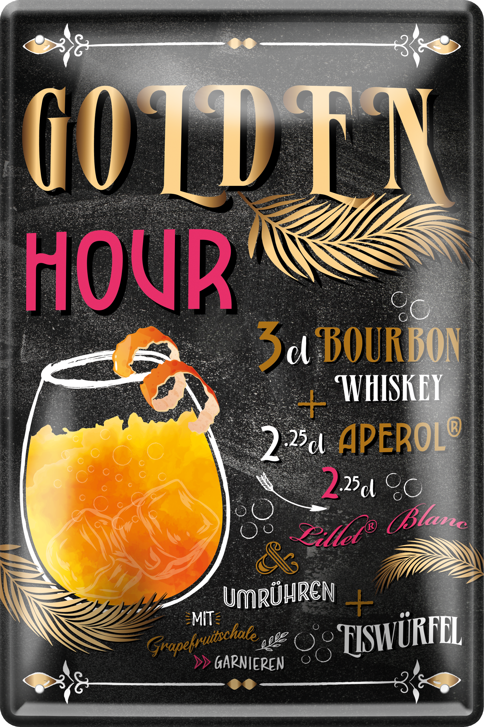 4252024256192		 ''Golden Hour''
Schilderstore24 Blechschilder sind perfekt als Geschenk zu Weihnachten, Geburtstage, Feiern, Partys, Grillabende, Namenstag, Feiertag, Mädelsabend, Hochzeit. Jederzeit stilvoll im Wohnzimmer, Partykeller, Garage, Praxis, cocktailsrezept mischgetränk Alkohol Cocktail Likör Sekt Getränk Alkohol promille schnaps saufen longdrink
