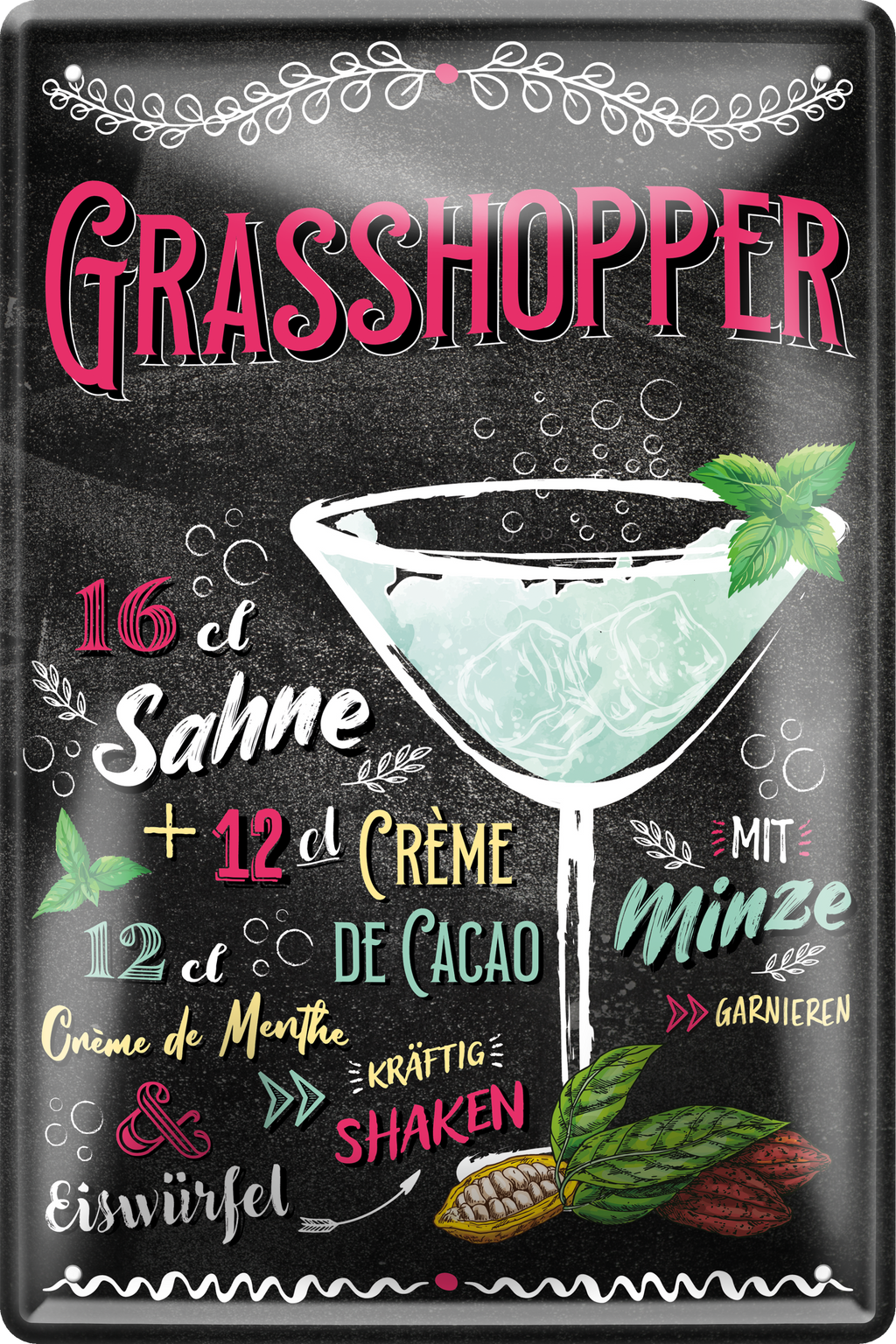 4252024256208		 ''Grasshopper''
Schilderstore24 Blechschilder sind perfekt als Geschenk zu Weihnachten, Geburtstage, Feiern, Partys, Grillabende, Namenstag, Feiertag, Mädelsabend, Hochzeit. Jederzeit stilvoll im Wohnzimmer, Partykeller, Garage, Praxis, cocktailsrezept mischgetränk Alkohol Cocktail Likör Sekt Getränk Alkohol promille schnaps saufen longdrink