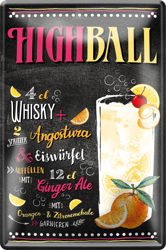 4252024256222		 ''Highball''
Schilderstore24 Blechschilder sind perfekt als Geschenk zu Weihnachten, Geburtstage, Feiern, Partys, Grillabende, Namenstag, Feiertag, Mädelsabend, Hochzeit. Jederzeit stilvoll im Wohnzimmer, Partykeller, Garage, Praxis, cocktailsrezept mischgetränk Alkohol Cocktail Likör Sekt Getränk Alkohol promille schnaps saufen longdrink