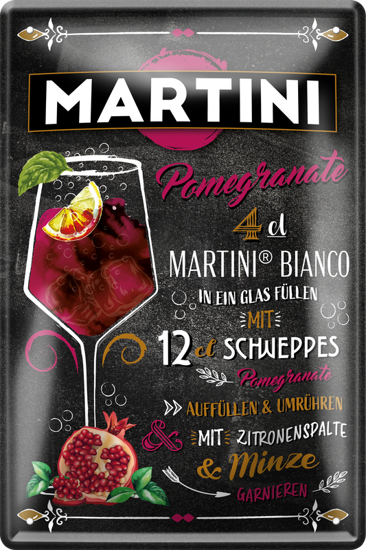 4252024256246		 ''Martini Pomgranate''
Schilderstore24 Blechschilder sind perfekt als Geschenk zu Weihnachten, Geburtstage, Feiern, Partys, Grillabende, Namenstag, Feiertag, Mädelsabend, Hochzeit. Jederzeit stilvoll im Wohnzimmer, Partykeller, Garage, Praxis, cocktailsrezept mischgetränk Alkohol Cocktail Likör Sekt Getränk Alkohol promille schnaps saufen longdrink