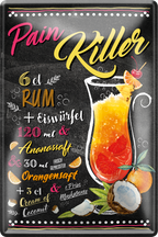 4252024256260		 ''Pain Killer''
Schilderstore24 Blechschilder sind perfekt als Geschenk zu Weihnachten, Geburtstage, Feiern, Partys, Grillabende, Namenstag, Feiertag, Mädelsabend, Hochzeit. Jederzeit stilvoll im Wohnzimmer, Partykeller, Garage, Praxis, cocktailsrezept mischgetränk Alkohol Cocktail Likör Sekt Getränk Alkohol promille schnaps saufen longdrink