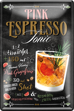 4252024256277		 ''Pink Espresso Tonic''
Schilderstore24 Blechschilder sind perfekt als Geschenk zu Weihnachten, Geburtstage, Feiern, Partys, Grillabende, Namenstag, Feiertag, Mädelsabend, Hochzeit. Jederzeit stilvoll im Wohnzimmer, Partykeller, Garage, Praxis, cocktailsrezept mischgetränk Alkohol Cocktail Likör Sekt Getränk Alkohol promille schnaps saufen longdrink