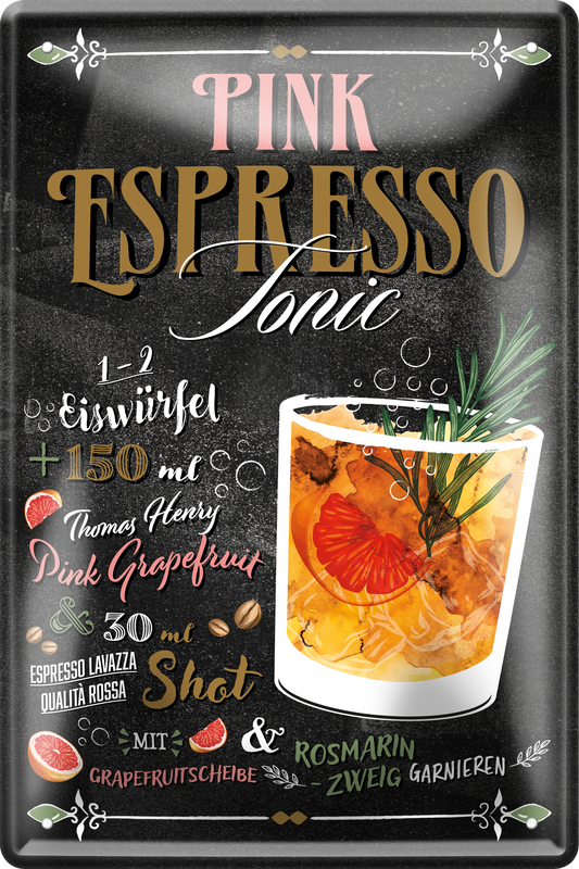 4252024256277		 ''Pink Espresso Tonic''
Schilderstore24 Blechschilder sind perfekt als Geschenk zu Weihnachten, Geburtstage, Feiern, Partys, Grillabende, Namenstag, Feiertag, Mädelsabend, Hochzeit. Jederzeit stilvoll im Wohnzimmer, Partykeller, Garage, Praxis, cocktailsrezept mischgetränk Alkohol Cocktail Likör Sekt Getränk Alkohol promille schnaps saufen longdrink