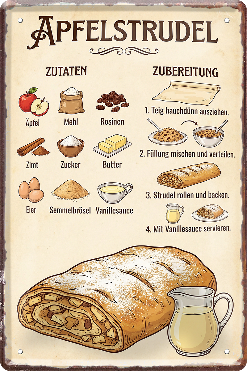 4252024259957		 ''Apfelstrudel''
Schilderstore24 Blechschilder sind perfekt als Geschenk zu Weihnachten, Geburtstage, Feiern, Partys, Grillabende, Partykeller, diät, snack, mahlzei, rezept, wasser Lebensmittel Burger Tee Grill crepes teigware süßigkeit essen grill wurst pommes döner fisch pizza