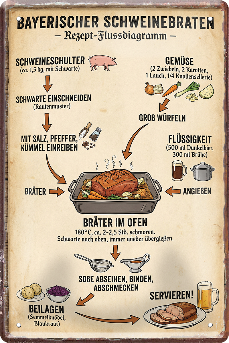 4252024259971		 ''Bayerischer Schweinebraten Flussdiagramm''
Schilderstore24 Blechschilder sind perfekt als Geschenk zu Weihnachten, Geburtstage, Feiern, Partys, Grillabende, Partykeller, diät, snack, mahlzei, rezept, wasser Lebensmittel Burger Tee Grill crepes teigware süßigkeit essen grill wurst pommes döner fisch pizza