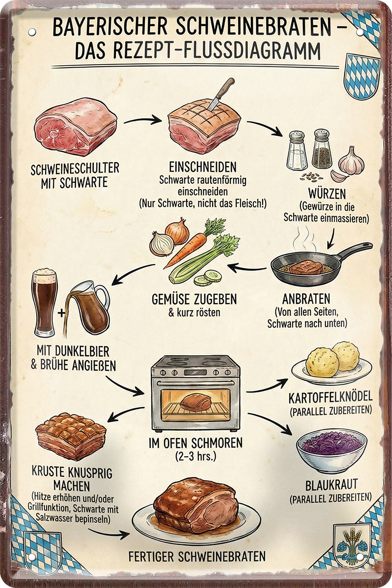 4252024259988		 ''Bayerischer Schweinebraten DAS Rezept Flussdiagramm''
Schilderstore24 Blechschilder sind perfekt als Geschenk zu Weihnachten, Geburtstage, Feiern, Partys, Grillabende, Partykeller, diät, snack, mahlzei, rezept, wasser Lebensmittel Burger Tee Grill crepes teigware süßigkeit essen grill wurst pommes döner fisch pizza