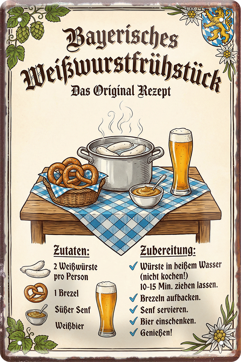 4252024260007		 ''Bayerisches Weißwurstfrühstück''
Schilderstore24 Blechschilder sind perfekt als Geschenk zu Weihnachten, Geburtstage, Feiern, Partys, Grillabende, Partykeller, diät, snack, mahlzei, rezept, wasser Lebensmittel Burger Tee Grill crepes teigware süßigkeit essen grill wurst pommes döner fisch pizza