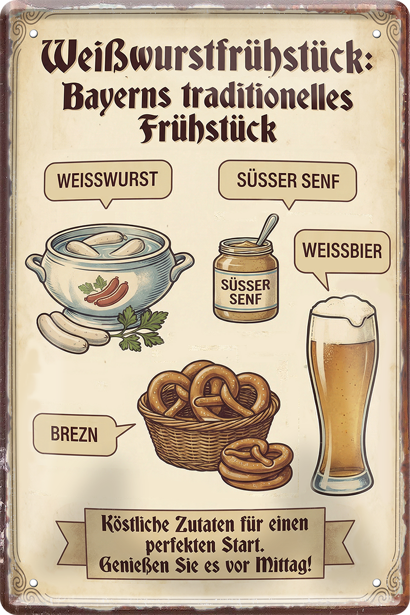 4252024260298		 ''Weißwurstfrühstück Bayerns traditionelles Frühstück''
Schilderstore24 Blechschilder sind perfekt als Geschenk zu Weihnachten, Geburtstage, Feiern, Partys, Grillabende, Partykeller, diät, snack, mahlzei, rezept, wasser Lebensmittel Burger Tee Grill crepes teigware süßigkeit essen grill wurst pommes döner fisch pizza