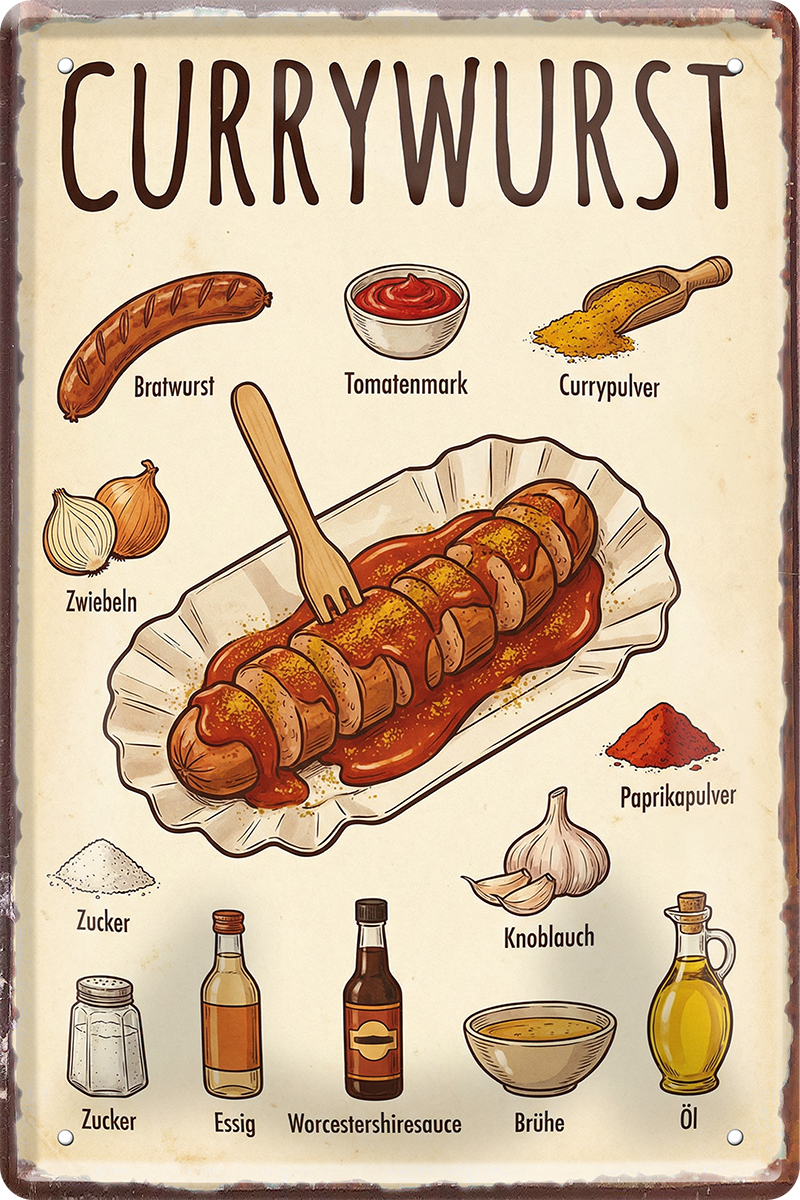 4252024260038		 ''Currywurst (wurst mittig)''
Schilderstore24 Blechschilder sind perfekt als Geschenk zu Weihnachten, Geburtstage, Feiern, Partys, Grillabende, Partykeller, diät, snack, mahlzei, rezept, wasser Lebensmittel Burger Tee Grill crepes teigware süßigkeit essen grill wurst pommes döner fisch pizza