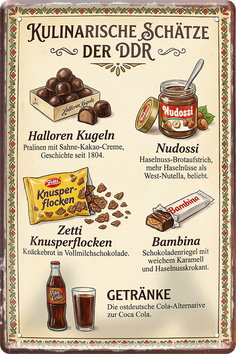 4252024260106		 ''Kulinarische Schätze der DDR''
Schilderstore24 Blechschilder sind perfekt als Geschenk zu Weihnachten, Geburtstage, Feiern, Partys, Grillabende, Partykeller, diät, snack, mahlzei, rezept, wasser Lebensmittel Burger Tee Grill crepes teigware süßigkeit essen grill wurst pommes döner fisch pizza