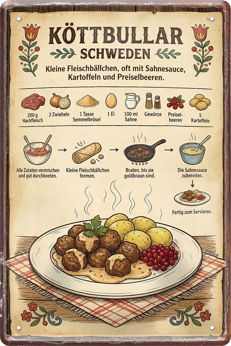 4252024260083		 ''Köttbullar Schweden''
Schilderstore24 Blechschilder sind perfekt als Geschenk zu Weihnachten, Geburtstage, Feiern, Partys, Grillabende, Partykeller, diät, snack, mahlzei, rezept, wasser Lebensmittel Burger Tee Grill crepes teigware süßigkeit essen grill wurst pommes döner fisch pizza