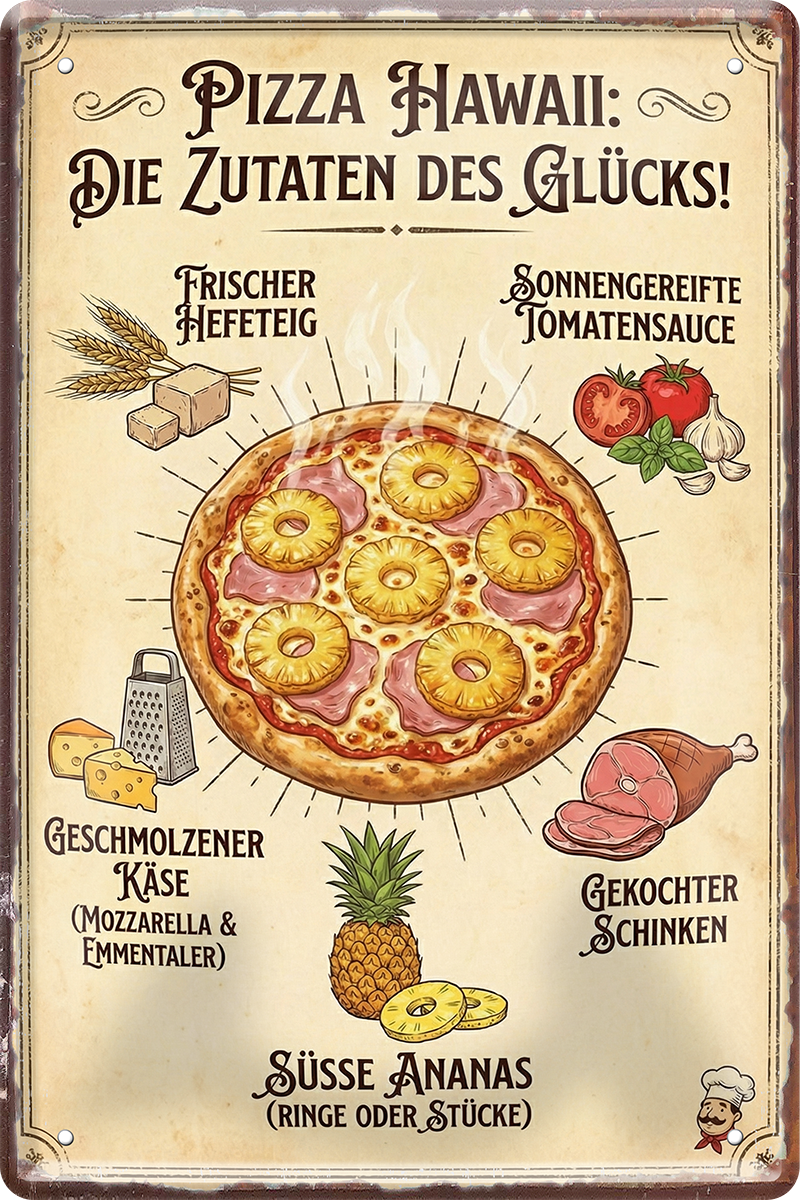 4252024260175		 ''Pizza Hawaii''
Schilderstore24 Blechschilder sind perfekt als Geschenk zu Weihnachten, Geburtstage, Feiern, Partys, Grillabende, Partykeller, diät, snack, mahlzei, rezept, wasser Lebensmittel Burger Tee Grill crepes teigware süßigkeit essen grill wurst pommes döner fisch pizza
