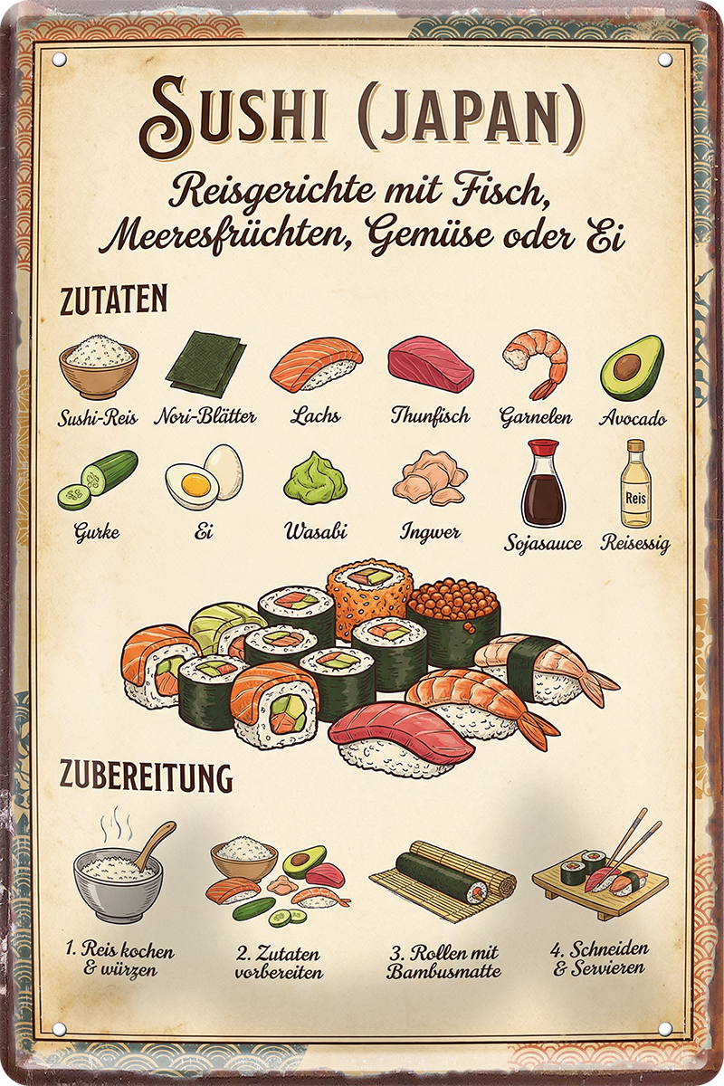 4252024260267		 ''Sushi (Japan)''
Schilderstore24 Blechschilder sind perfekt als Geschenk zu Weihnachten, Geburtstage, Feiern, Partys, Grillabende, Partykeller, diät, snack, mahlzei, rezept, wasser Lebensmittel Burger Tee Grill crepes teigware süßigkeit essen grill wurst pommes döner fisch pizza
