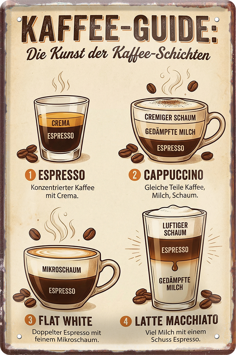 4252024260526		 ''Kaffee-Guide. Kunst der Kaffee-Schichten''
Schilderstore24 Blechschilder sind perfekt als Geschenk zu Weihnachten, Geburtstage, Feiern, Partys, Grillabende, Namenstag, Feiertag, Mädelsabend, Hochzeit. Jederzeit stilvoll im Wohnzimmer, Partykeller, Garage, Praxis, eiskaffee, Café, lattemachiato Lebensmittel Kaffee Kuchen Sucht café coffee kaffeemaschine getränk essen