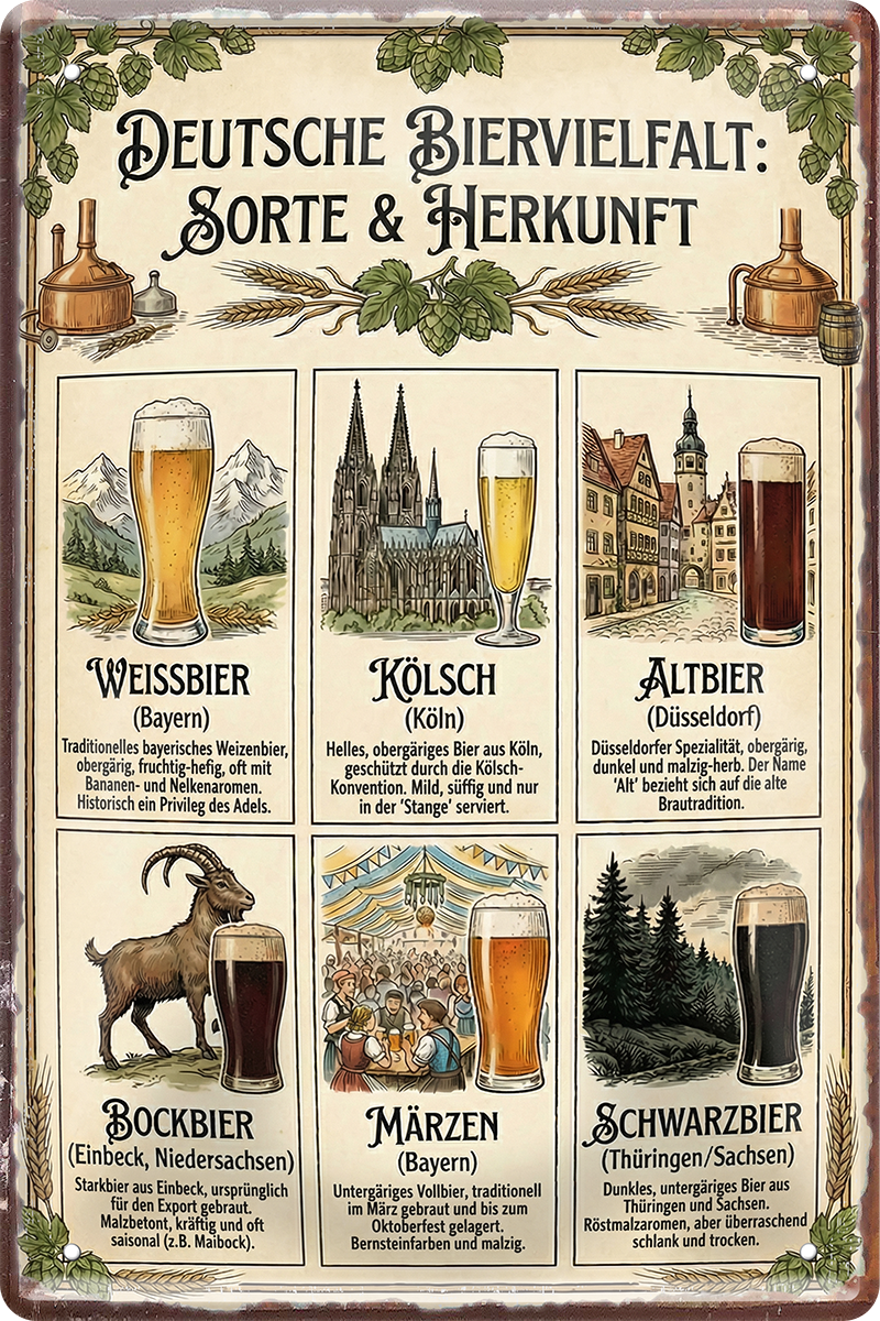 4252024259780		 ''Deutsche Biervielfalt Sorte&Herkunft''
Schilderstore24 Blechschilder sind perfekt als Geschenk zu Weihnachten, Geburtstage, Feiern, Partys, , Hochzeit. Jederzeit stilvoll im Wohnzimmer, Partykeller, Garage, Praxis, beer, Biersorten, zitat Alkohol Kasten Bier Saufen Getränk Bier Alkohol schaumkrone promille hopfen