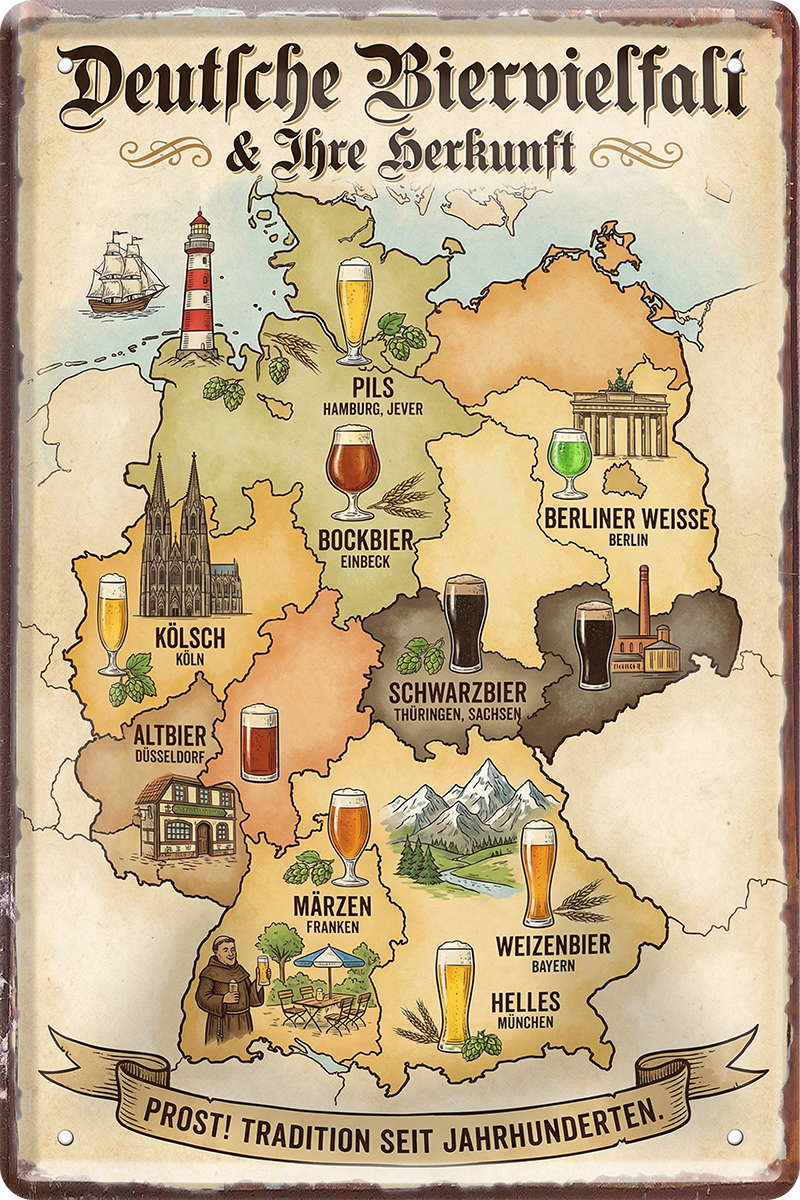 4252024259766		 ''Deutsche Biervielfalt (landkarte)''
Schilderstore24 Blechschilder sind perfekt als Geschenk zu Weihnachten, Geburtstage, Feiern, Partys, , Hochzeit. Jederzeit stilvoll im Wohnzimmer, Partykeller, Garage, Praxis, beer, Biersorten, zitat Alkohol Kasten Bier Saufen Getränk Bier Alkohol schaumkrone promille hopfen