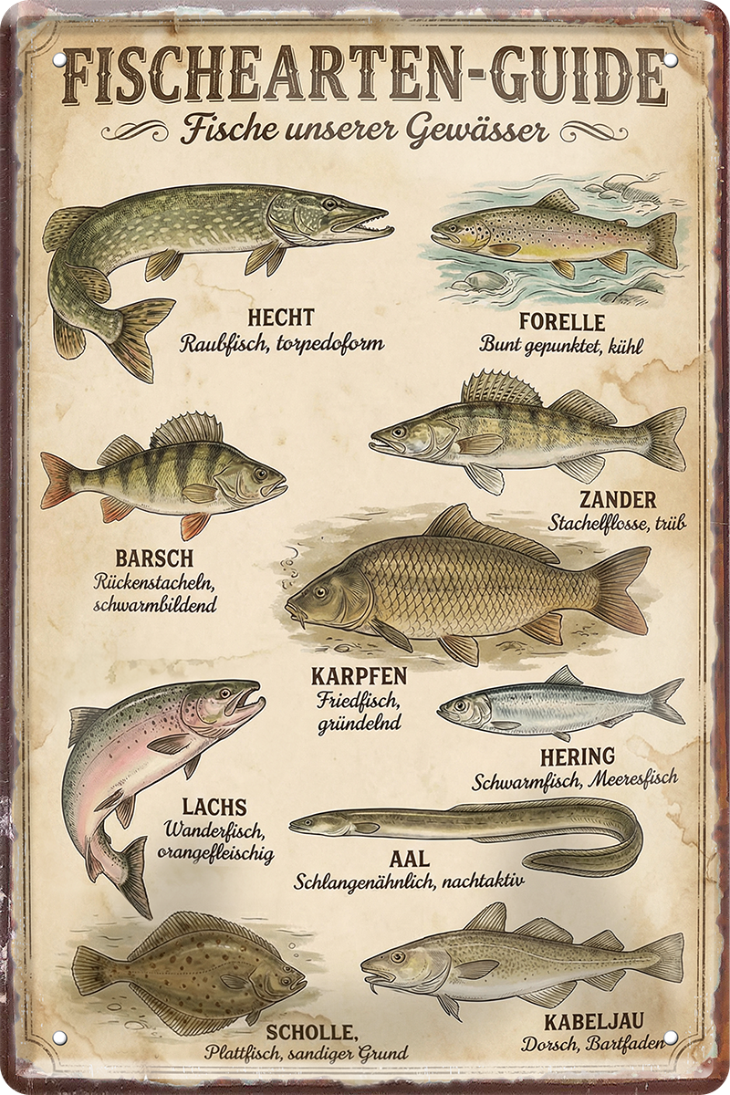 4252024259827		 ''Fischarten Guide''
Schilderstore24 Blechschilder sind perfekt als Geschenk zu Weihnachten, Geburtstage, Feiern, Partys, Grillabende, Namenstag, Feiertag, Mädelsabend, Hochzeit. Jederzeit stilvoll im Wohnzimmer, Partykeller, Garage, Praxis, Büro, Café, Hauseingang Angeln Fischen Meerestier Bootsausflug see meer fisch wasser angeln fischen