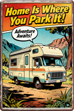 4252024259919		 ''Home Is Where You Park It! Adventure Awaits''
Schilderstore24 Blechschilder sind perfekt als Geschenk zu Weihnachten, Geburtstage, Feiern, Partys, Grillabende, Namenstag, Feiertag, Mädelsabend, Hochzeit. Jederzeit stilvoll im Wohnzimmer, Partykeller, Garage, Praxis, Büro, Café, Hauseingang Camping Natur Wald Freiheit wandern campen outdoor natur roadtripp