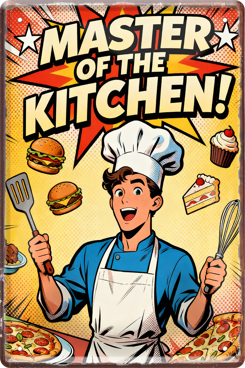 4252024260441		 ''Master of the Kitchen''
Schilderstore24 Blechschilder sind perfekt als Geschenk zu Weihnachten, Geburtstage, Feiern, Partys, Grillabende, Namenstag, Feiertag, Hochzeit. Jederzeit stilvoll im Wohnzimmer, Partykeller, Garage, Praxis, Büro, Café, zitate Küche Haushalt Willkommen Eigenheim heim essen haus kochen herzlich Zuhause putzen