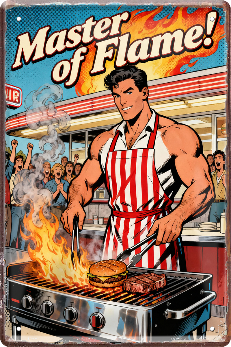4252024260144		 ''Master of Flame!''
Schilderstore24 Blechschilder sind perfekt als Geschenk zu Weihnachten, Geburtstage, Feiern, Partys, Grillabende, Partykeller, diät, snack, mahlzei, rezept, wasser Lebensmittel Burger Tee Grill crepes teigware süßigkeit essen grill wurst pommes döner fisch pizza