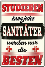 4252024259872		 ''Studieren kann jeder Sanitäter''
Schilderstore24 Blechschilder sind perfekt als Geschenk zu Weihnachten, Geburtstage, Feiern, Partys, Grillabende, Namenstag, Feiertag, Mädelsabend, Hochzeit. Jederzeit stilvoll im Wohnzimmer, Partykeller, Garage, Praxis, Büro, Café, zitat Büro Chef Angestellter Arbeit Job Arbeitsplatz Alltag Beruf Ausbildung