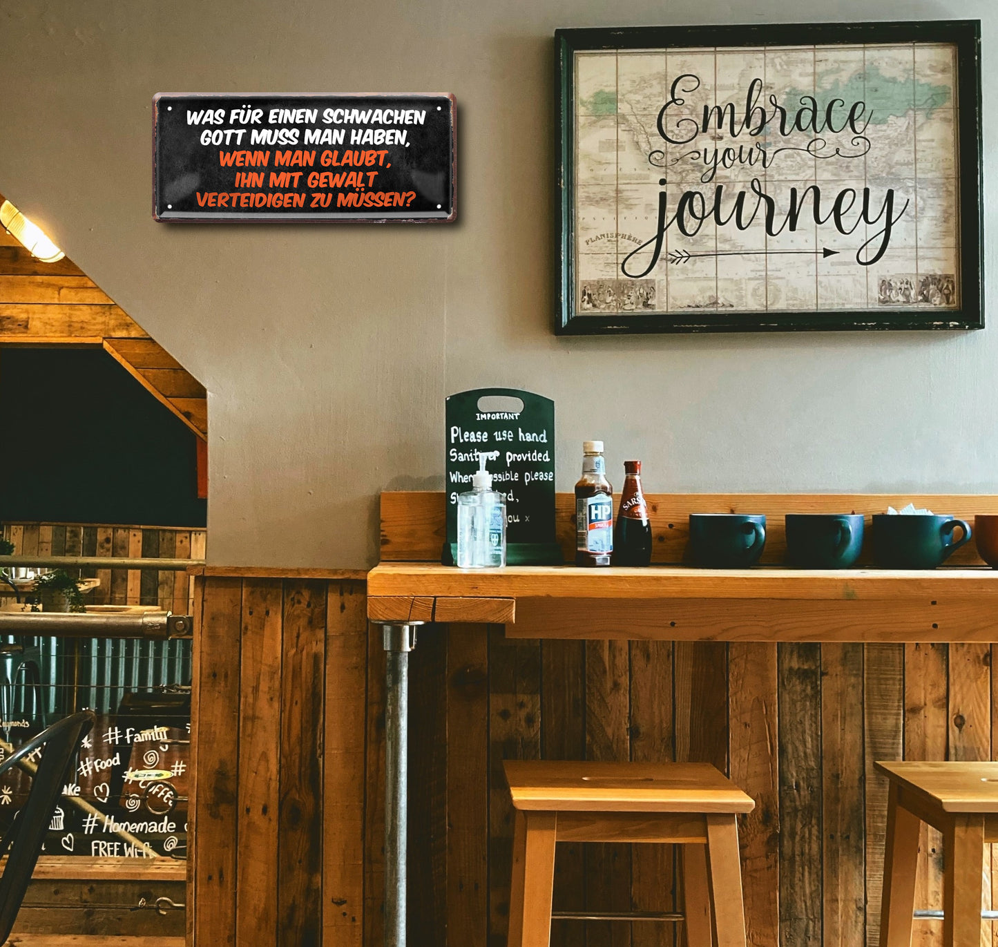 Blechschild ''Was für einen schwachen Gott.. mit Gewalt verteidigen muss'' 28x12cm