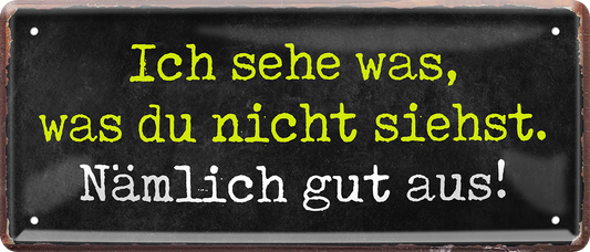 4252024250121		 ''Ich sehe was, was du nicht siehst. Gut aus'' Schilderstore24 Blechschilder sind perfekt als Geschenk zu Weihnachten, Geburtstage, Feiern, Partys, Grillabende, Namenstag, Feiertag, Mädelsabend, Hochzeit. Jederzeit stilvoll im Wohnzimmer, Partykeller, Garage, Praxis, Büro, Café, Hauseingang Sarkasmus Ironie Funny Schwarzer Humor faul dumm fun rente lästern teufel