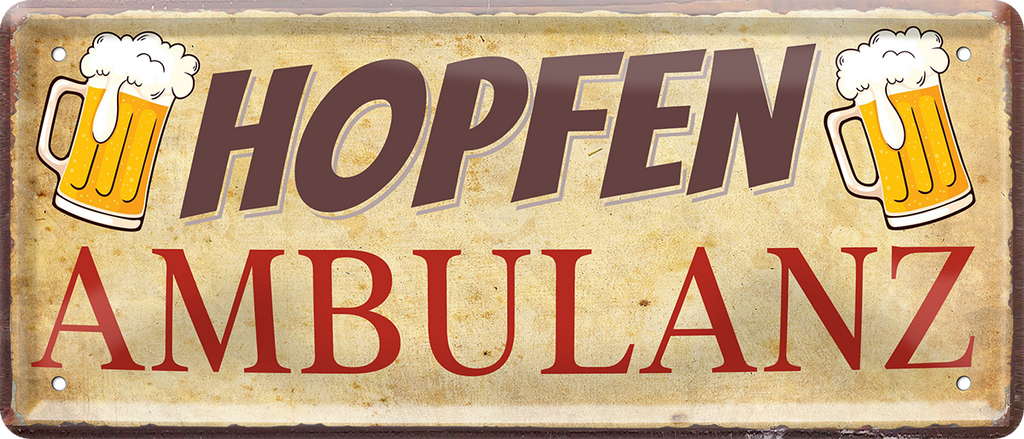 4252024252293		 ''Hopfen Ambulanz''
 Schilderstore24 Blechschilder sind perfekt als Geschenk zu Weihnachten, Geburtstage, Feiern, Partys, Grillabende, Namenstag, Feiertag, Mädelsabend, Hochzeit. Jederzeit stilvoll im Wohnzimmer, Partykeller, Garage, Praxis, Büro, Café, Hauseingang Alkohol Kasten Bier Saufen Getränk Bier Alkohol schaumkrone promille hopfen