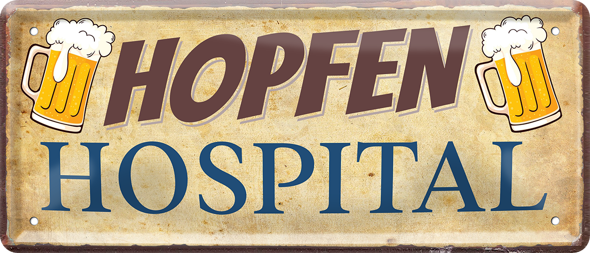 4252024252309		 ''Hopfen Hospital''
 Schilderstore24 Blechschilder sind perfekt als Geschenk zu Weihnachten, Geburtstage, Feiern, Partys, Grillabende, Namenstag, Feiertag, Mädelsabend, Hochzeit. Jederzeit stilvoll im Wohnzimmer, Partykeller, Garage, Praxis, Büro, Café, Hauseingang Alkohol Kasten Bier Saufen Getränk Bier Alkohol schaumkrone promille hopfen