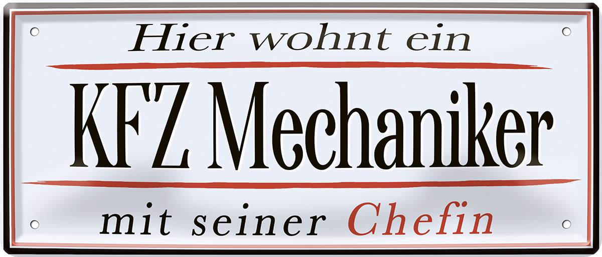 4252024252545		 ''Hier wohtn ein KFZ Mechaniker''
 Schilderstore24 Blechschilder sind perfekt als Geschenk zu Weihnachten, Geburtstage, Feiern, Partys, Grillabende, Namenstag, Feiertag, Mädelsabend, Hochzeit. Jederzeit stilvoll im Wohnzimmer, Partykeller, Garage, Praxis, Büro, Café, Hauseingang Mechaniker Auto Motorrad Werkstatt auto lkw brummi tüfteln schrauber