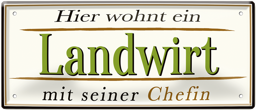 4252024252514		 ''Hier wohnt ein Landwirt''
 Schilderstore24 Blechschilder sind perfekt als Geschenk zu Weihnachten, Geburtstage, Feiern, Partys, Grillabende, Namenstag, Feiertag, Mädelsabend, Hochzeit. Jederzeit stilvoll im Wohnzimmer, Partykeller, Garage, Praxis, Büro, Café, Hauseingang Traktor Maschine Landmaschine Feld bauer landwirt landwirtschaft schlepper