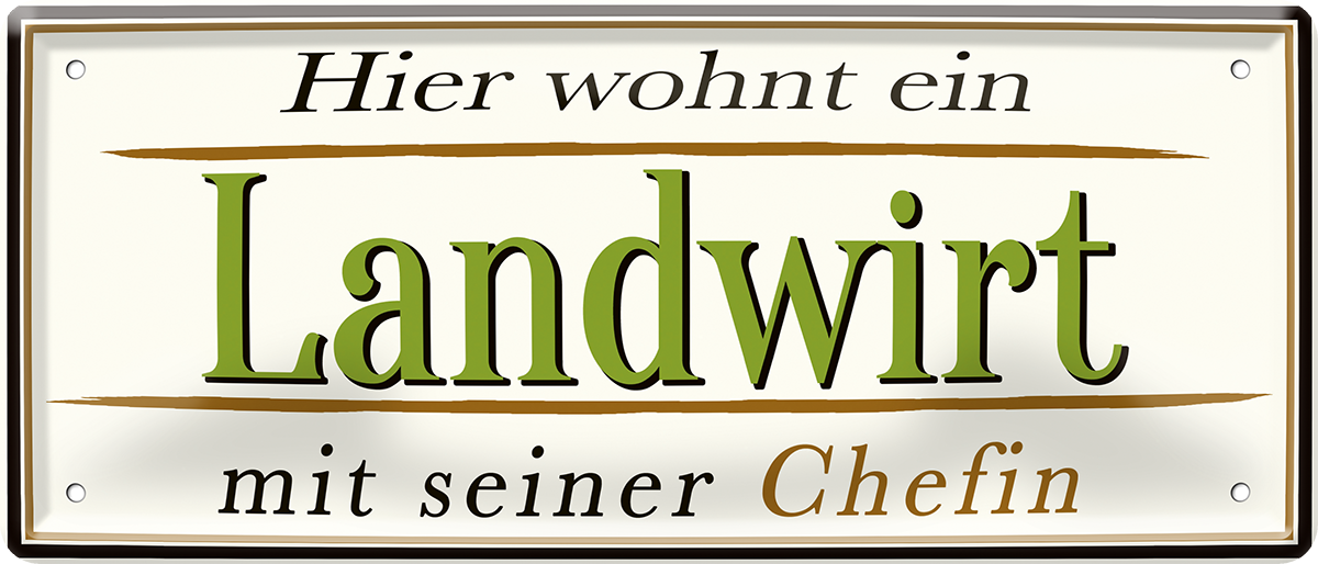 4252024252514		 ''Hier wohnt ein Landwirt''
 Schilderstore24 Blechschilder sind perfekt als Geschenk zu Weihnachten, Geburtstage, Feiern, Partys, Grillabende, Namenstag, Feiertag, Mädelsabend, Hochzeit. Jederzeit stilvoll im Wohnzimmer, Partykeller, Garage, Praxis, Büro, Café, Hauseingang Traktor Maschine Landmaschine Feld bauer landwirt landwirtschaft schlepper