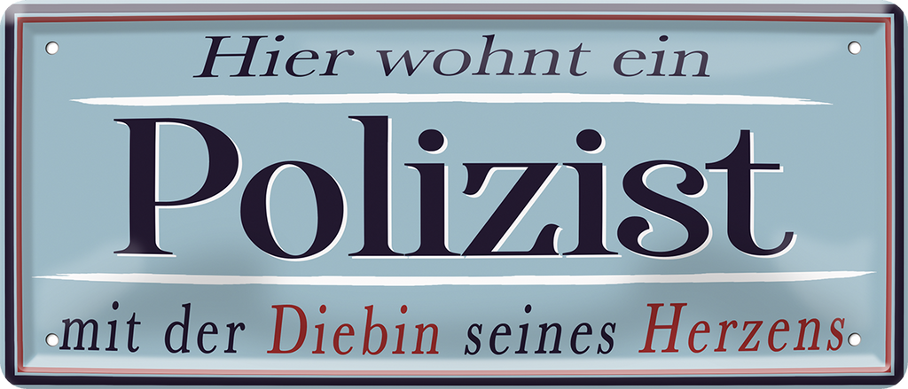 4252024252347		 ''Hier wohnt ein Polizist''
 Schilderstore24 Blechschilder sind perfekt als Geschenk zu Weihnachten, Geburtstage, Feiern, Partys, Grillabende, Namenstag, Feiertag, Mädelsabend, Hochzeit. Jederzeit stilvoll im Wohnzimmer, Partykeller, Garage, Praxis, Büro, Café, Hauseingang Büro Chef Angestellter Arbeit Job Arbeitsplatz Alltag Beruf Ausbildung