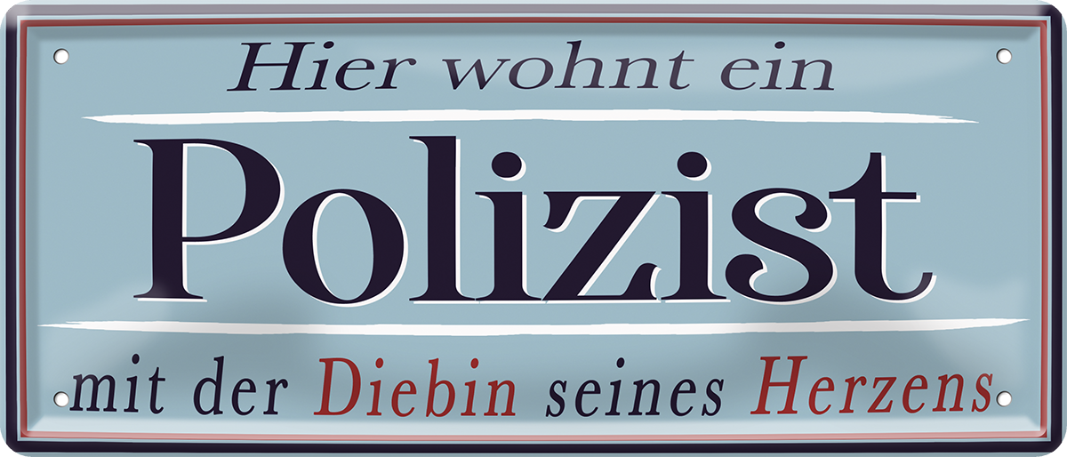 4252024252347		 ''Hier wohnt ein Polizist''
 Schilderstore24 Blechschilder sind perfekt als Geschenk zu Weihnachten, Geburtstage, Feiern, Partys, Grillabende, Namenstag, Feiertag, Mädelsabend, Hochzeit. Jederzeit stilvoll im Wohnzimmer, Partykeller, Garage, Praxis, Büro, Café, Hauseingang Büro Chef Angestellter Arbeit Job Arbeitsplatz Alltag Beruf Ausbildung