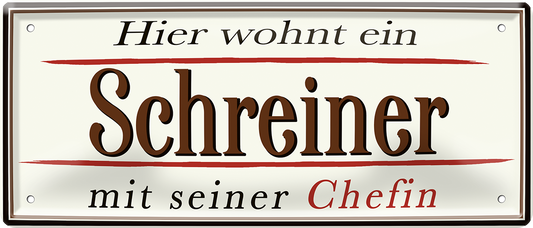 4252024252408		 ''Hier wohnt ein Schreiner''
 Schilderstore24 Blechschilder sind perfekt als Geschenk zu Weihnachten, Geburtstage, Feiern, Partys, Grillabende, Namenstag, Feiertag, Mädelsabend, Hochzeit. Jederzeit stilvoll im Wohnzimmer, Partykeller, Garage, Praxis, Büro,Architekt Hauseingang Handwerk Baustelle Arbeit Bau werkeln baustelle handwerker bauarbeiter