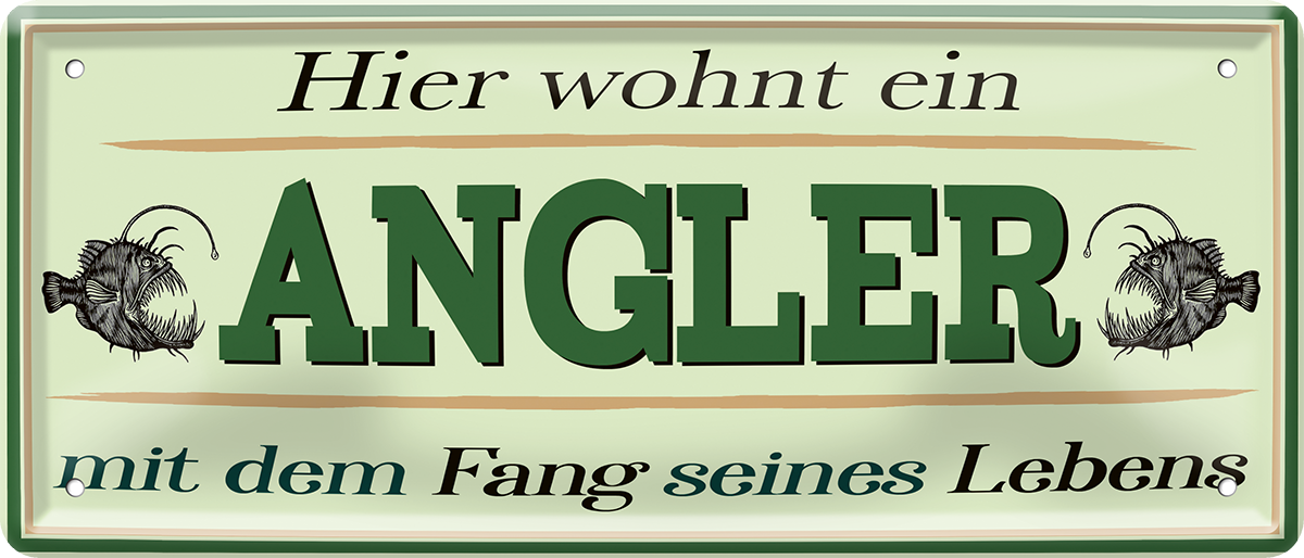 4252024252323		 ''Hier wohnt ein Angler''
 Schilderstore24 Blechschilder sind perfekt als Geschenk zu Weihnachten, Geburtstage, Feiern, Partys, Grillabende, Namenstag, Feiertag, Mädelsabend, Hochzeit. Jederzeit stilvoll im Wohnzimmer, Partykeller, Garage, Praxis, Büro, Café, Hauseingang Angeln Fischen Meerestier Bootsausflug see meer fisch wasser angeln fischen