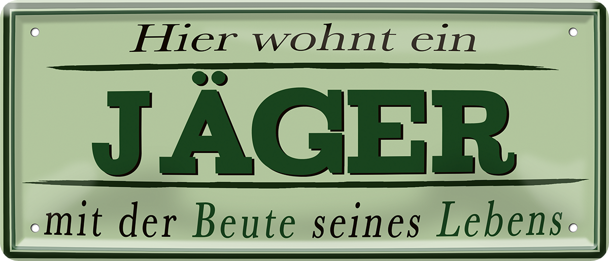 4252024252330		 ''Hier wohnt ein Jäger''
 Schilderstore24 Blechschilder sind perfekt als Geschenk zu Weihnachten, Geburtstage, Feiern, Partys, Grillabende, Namenstag, Feiertag, Mädelsabend, Hochzeit. Jederzeit stilvoll im Wohnzimmer, Partykeller, Garage, Praxis, Büro, Café, Hauseingang Büro Chef Angestellter Arbeit Job Arbeitsplatz Alltag Beruf Ausbildung