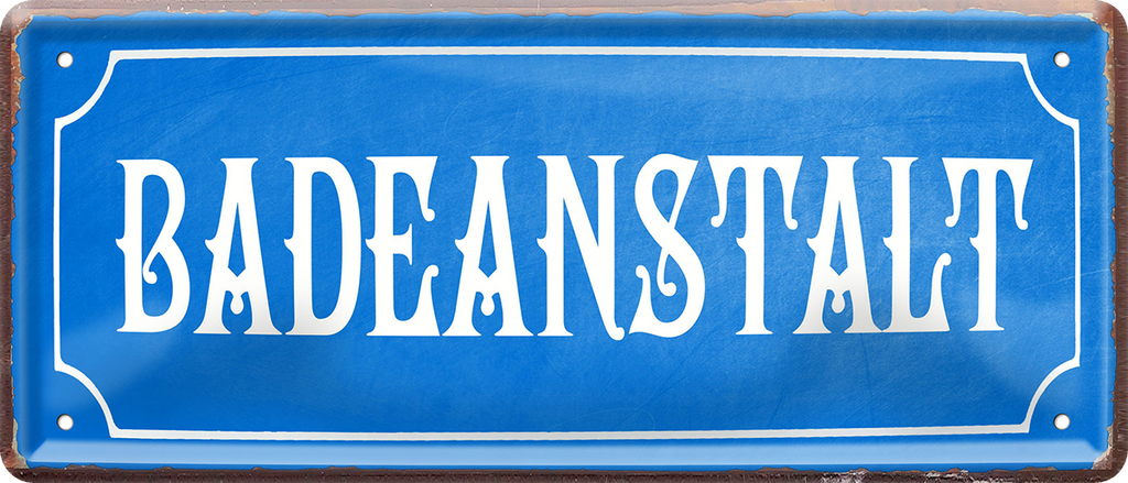4252024253511		 ''Badeanstalt''
Schilderstore24 Blechschilder sind perfekt als Geschenk zu Weihnachten, Geburtstage, Feiern, Partys, Grillabende, Namenstag, Feiertag, Mädelsabend, Hochzeit. Jederzeit stilvoll im Wohnzimmer, Partykeller, Garage, Praxis, Büro, Café, Hauseingang Küche Haushalt Willkommen Eigenheim heim essen haus kochen herzlich Zuhause putzen