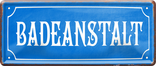 4252024253511		 ''Badeanstalt''
Schilderstore24 Blechschilder sind perfekt als Geschenk zu Weihnachten, Geburtstage, Feiern, Partys, Grillabende, Namenstag, Feiertag, Mädelsabend, Hochzeit. Jederzeit stilvoll im Wohnzimmer, Partykeller, Garage, Praxis, Büro, Café, Hauseingang Küche Haushalt Willkommen Eigenheim heim essen haus kochen herzlich Zuhause putzen