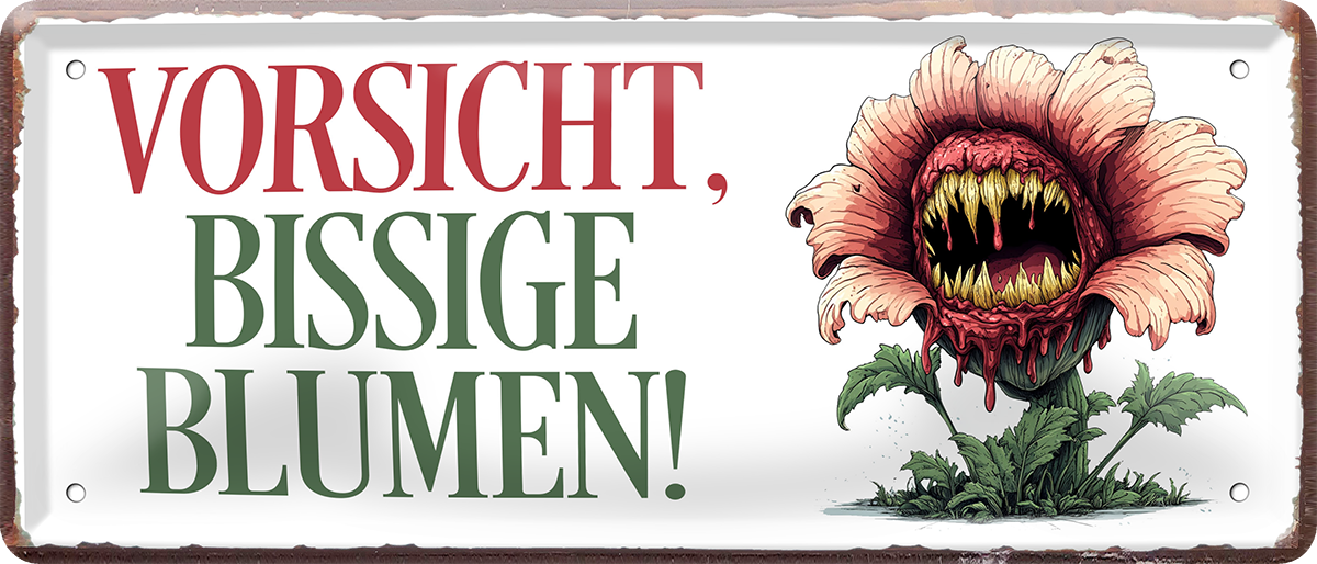 4252024253504		 ''Vorsicht bissige Blumen''
Schilderstore24 Blechschilder sind perfekt als Geschenk zu Weihnachten, Geburtstage, Feiern, Partys, Grillabende, Namenstag, Feiertag, Mädelsabend, Hochzeit. Jederzeit stilvoll im Wohnzimmer, Partykeller, Garage, Praxis, Büro, Café, Hauseingang Garten Haushalt Heim Zuhause Gartenarbeit Hausarbeit Zuhause Blumen