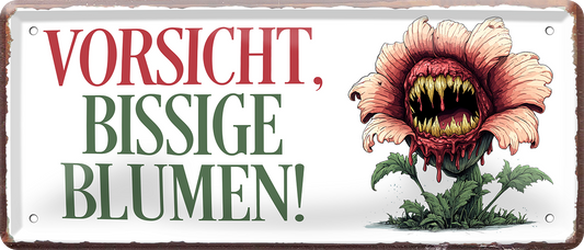 4252024253504		 ''Vorsicht bissige Blumen''
Schilderstore24 Blechschilder sind perfekt als Geschenk zu Weihnachten, Geburtstage, Feiern, Partys, Grillabende, Namenstag, Feiertag, Mädelsabend, Hochzeit. Jederzeit stilvoll im Wohnzimmer, Partykeller, Garage, Praxis, Büro, Café, Hauseingang Garten Haushalt Heim Zuhause Gartenarbeit Hausarbeit Zuhause Blumen